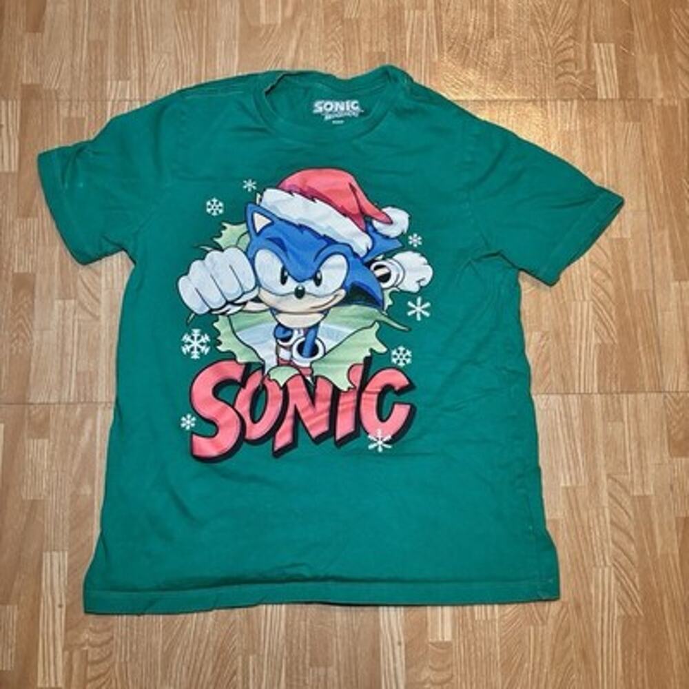 Sonic The Hedgehog Christmas T-Shirt Youth Large L Green Santa Holiday SEGA